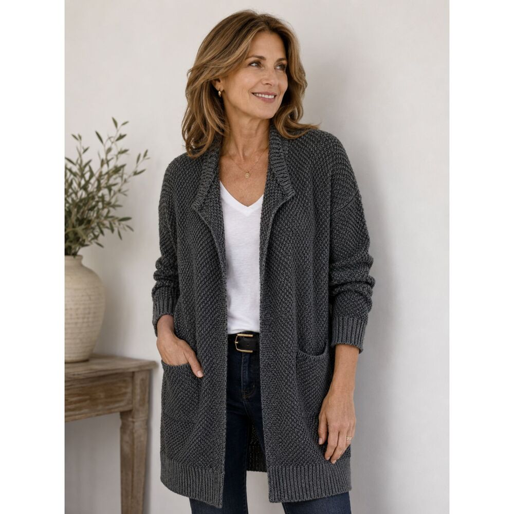 Cabi Sweater Cardigan Womens Small Gray Open Front Long Duster Pockets Knit